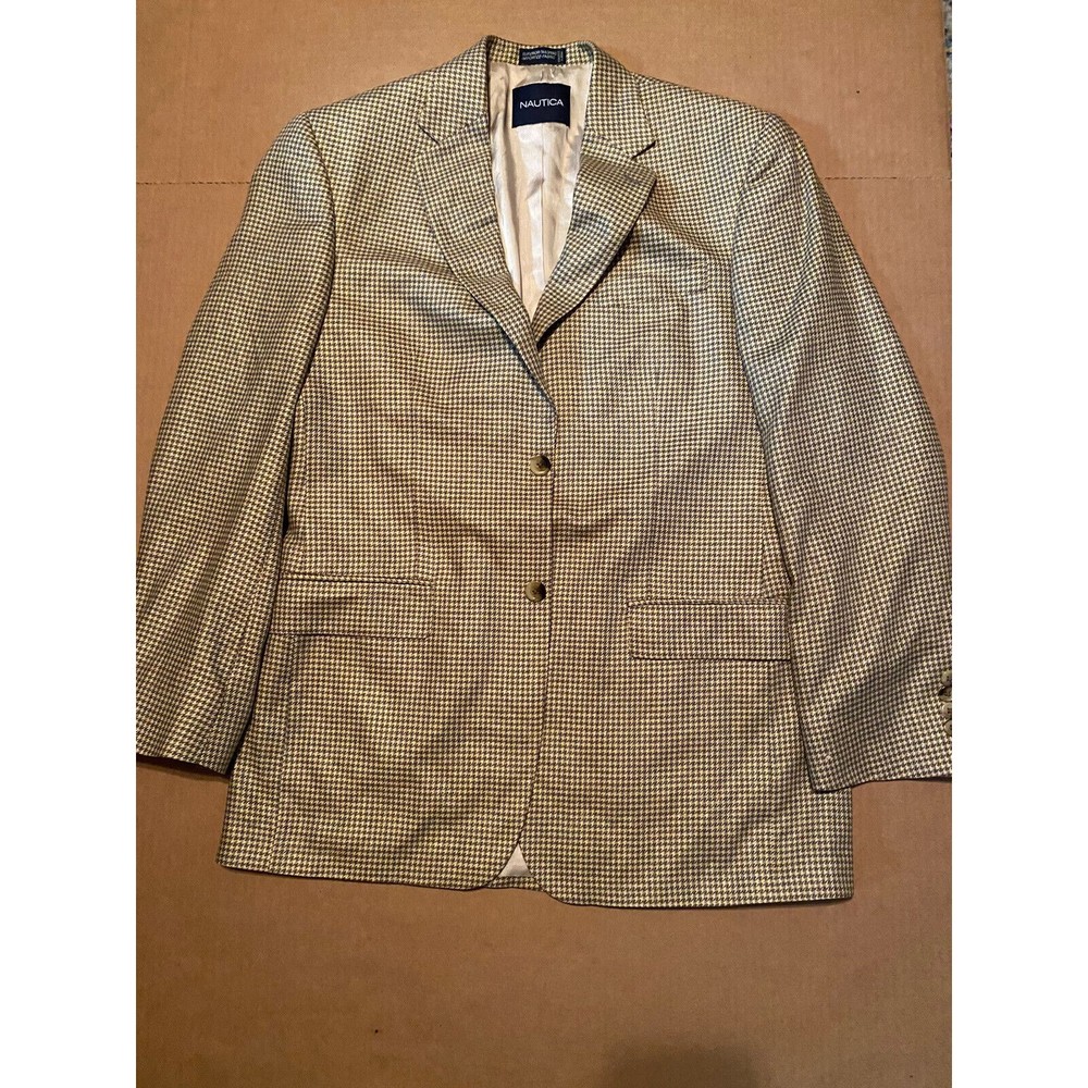 Nautica Men's Sport Coat Blazer Two Button Brown Tan Houndstooth 100% Silk 40L